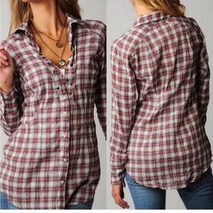 Free People Studded Plaid Top Button Down Red Gray Long Sleeve Size 10